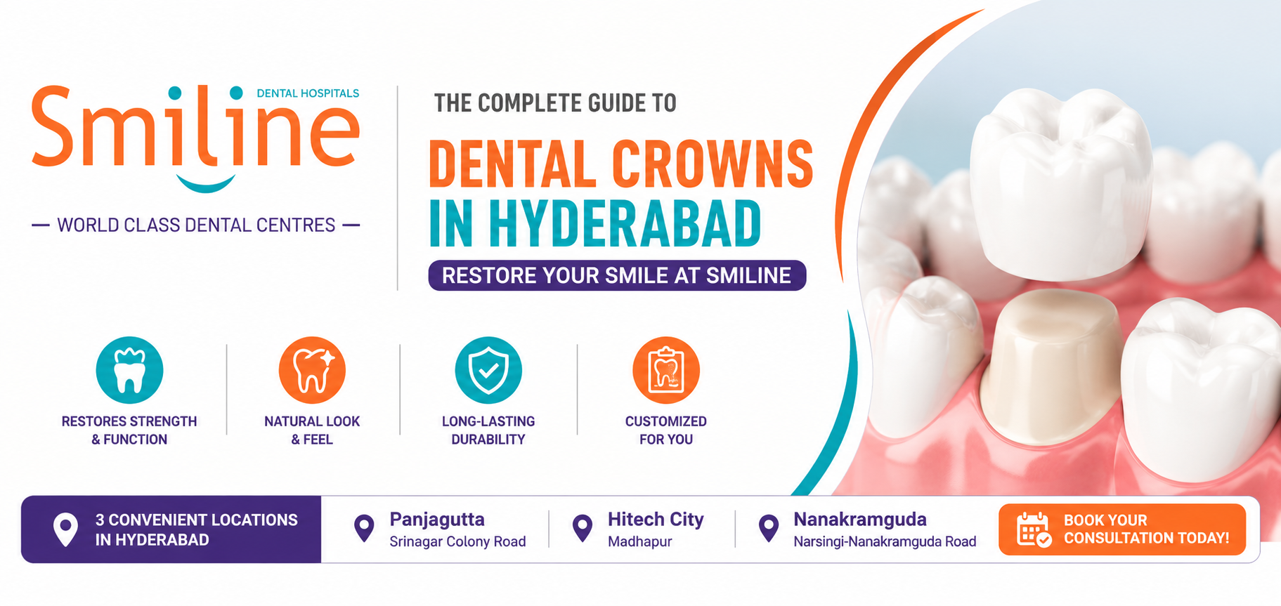 ChatGPT Image Jun 8, 2026, 03_29_07 PM Dental crowns in Hyderabad at Smiline Dental Hospitals offering zirconia, porcelain, and E-Max crowns for restoring damaged and decayed teeth.