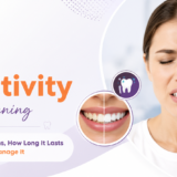 Smiline Dental Hospitals blog banner showing a woman experiencing tooth sensitivity after teeth whitening, with the title 'Tooth Sensitivity After Whitening' and graphics highlighting brighter teeth and dental care.